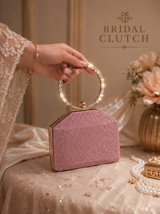 Crystal Ring Handle Geometric Hard-Case Bridal Clutch