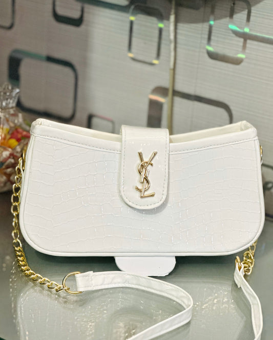 Croco Texture YSL Logo Chain Shoulder Bag