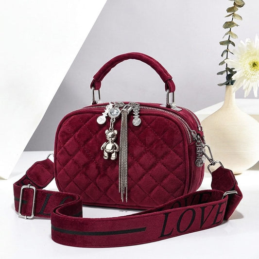 Quilted Velvet Charm Crossbody Handbag (G)