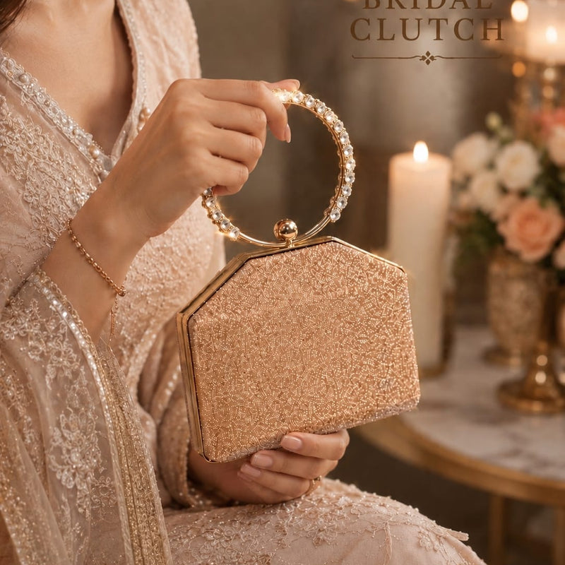 Crystal Ring Handle Geometric Hard-Case Bridal Clutch