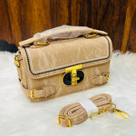 Textured Faux Leather Flap Bag with Gold Turn-Lock