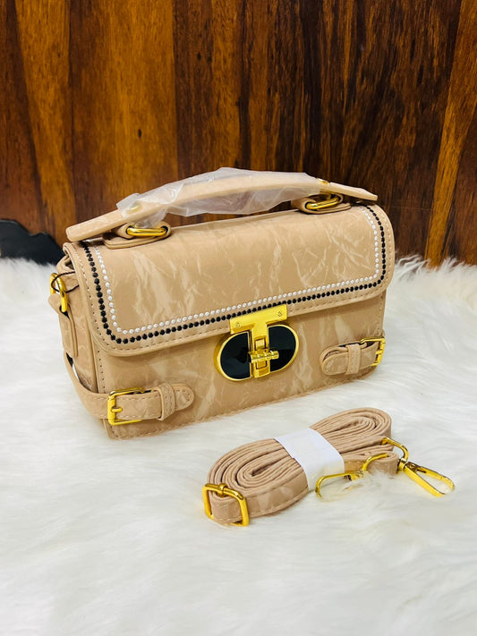 Textured Faux Leather Flap Bag with Gold Turn-Lock
