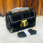 Textured Faux Leather Flap Bag with Gold Turn-Lock