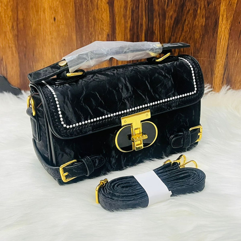 Textured Faux Leather Flap Bag with Gold Turn-Lock