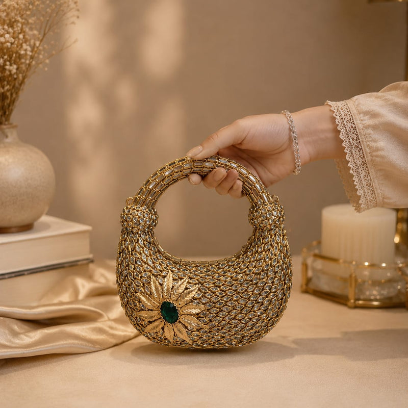 Crystal Embellished Moon Handle Evening Bag