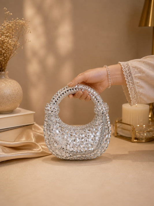 Crystal Embellished Moon Handle Evening Bag