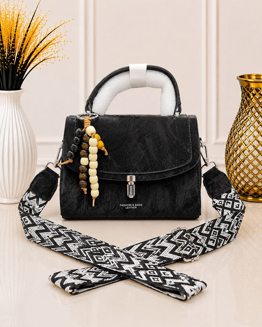 Chic Beaded Charm Textured Top-Handle Bag