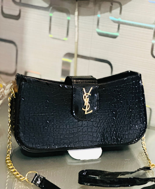 Croco Texture YSL Logo Chain Shoulder Bag