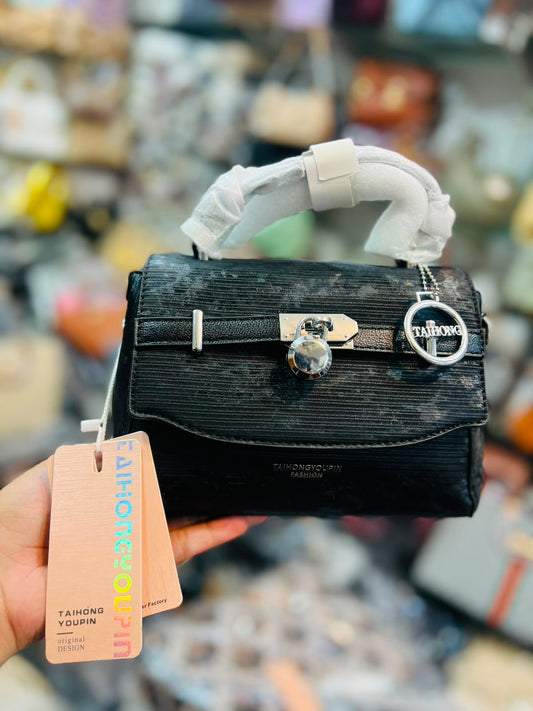 Padlock Belt-Accent Textured Top-Handle Bag