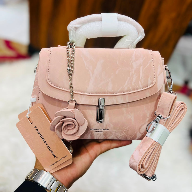 Rose Charm Marble-Texture Top-Handle Bag