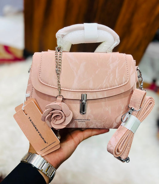 Rose Charm Marble-Texture Top-Handle Bag