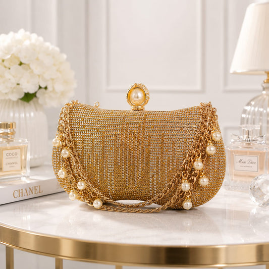 Royal Pearl-Embellished Crystal Hard-Case Clutch