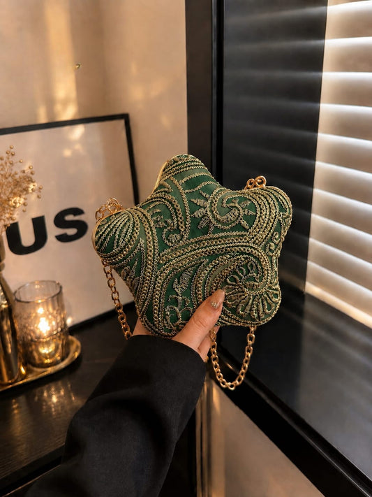 Gold Embroidered Star-Shaped Velvet Clutch - Pink