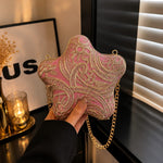 Gold Embroidered Star-Shaped Velvet Clutch - Pink